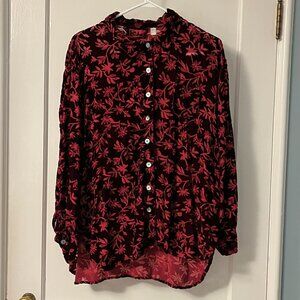Kiko burgundy velvet burnout floral cotton button up blouse one size boho